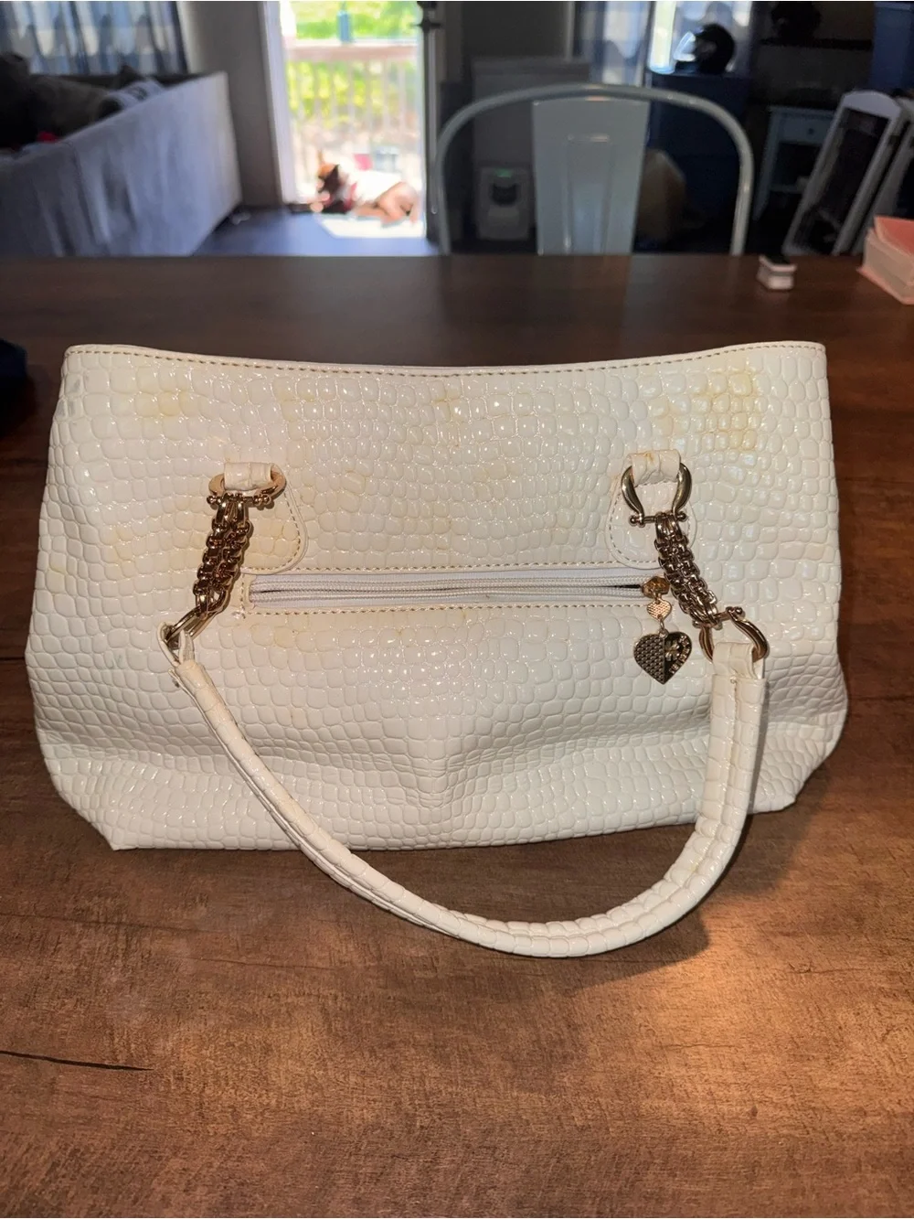 Fameilai Ivory 3D Floral Rosette Croc Embossed Shoulder Bag Purse